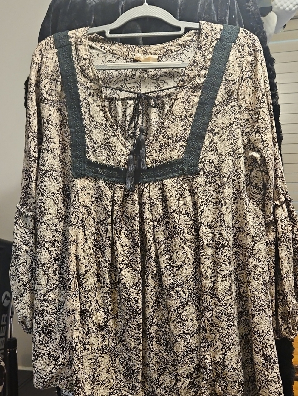 Love Cream and Black Printed Peasant Tunic with Lace Trim